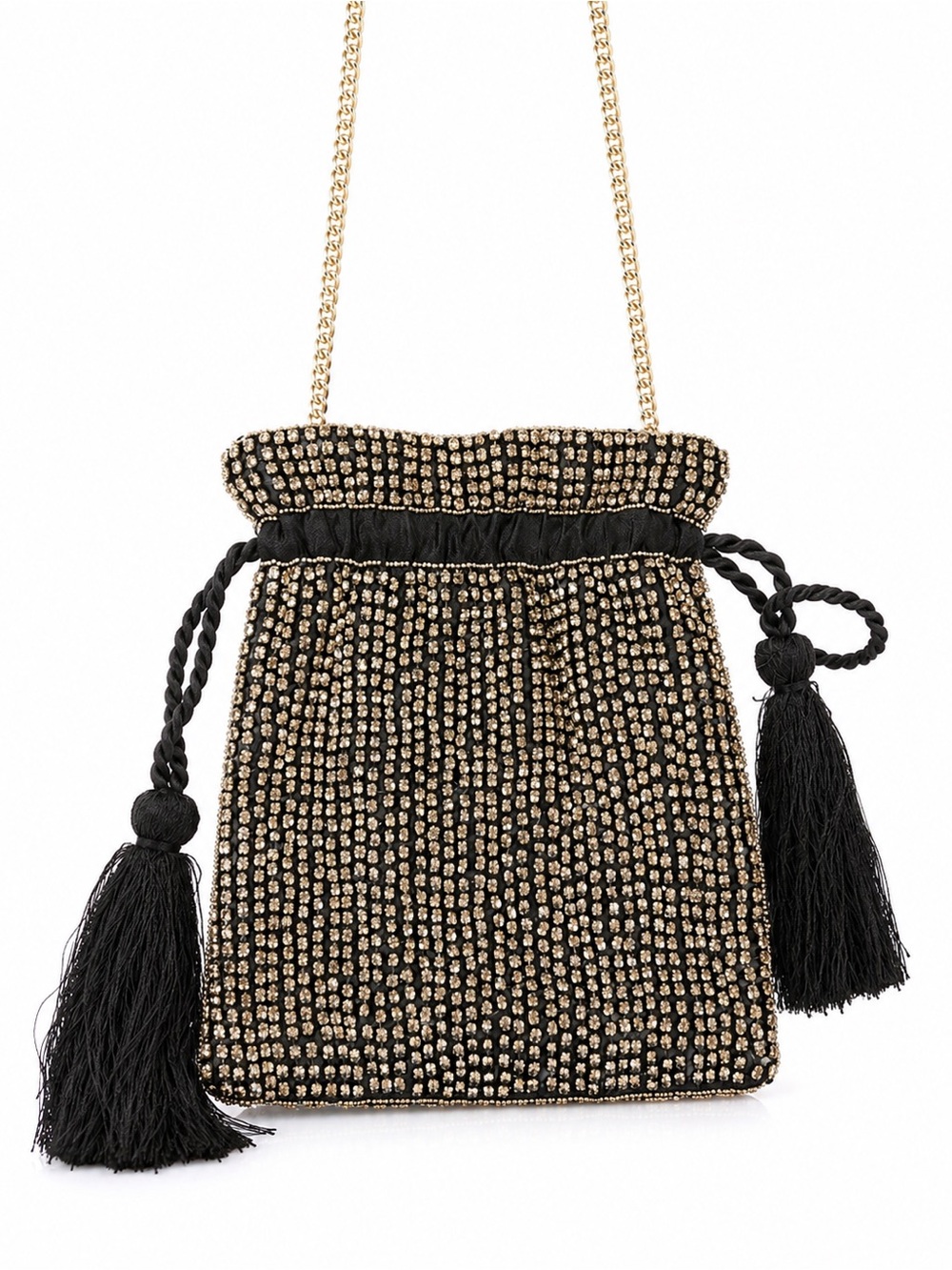 Express Black Beaded Drawstring Evening Bag | Rhinestone Tassels | Chain Strap
